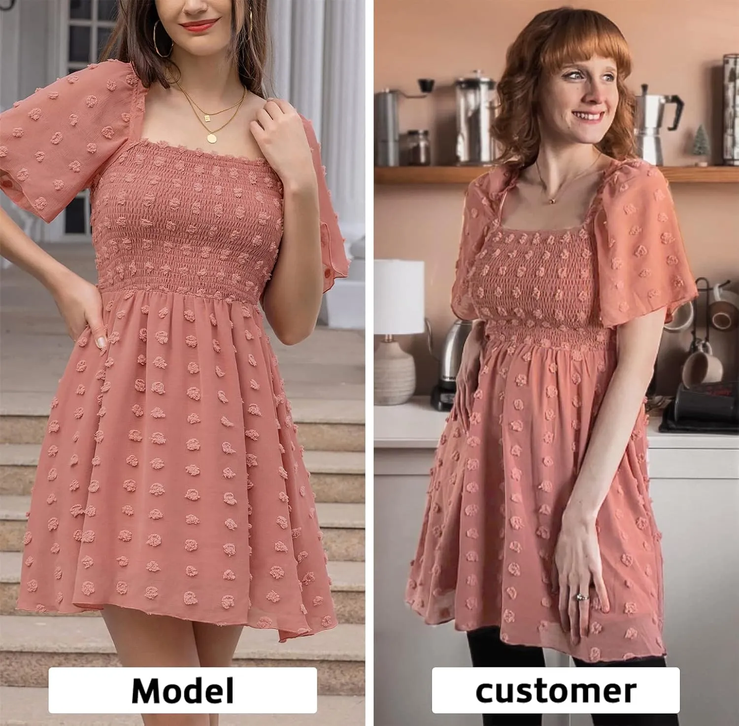 EXLURA Women's 2025 Summer Casual Square Neck Dresses Ruffle Short Sleeve Swiss Dot Flowy Mini Dress