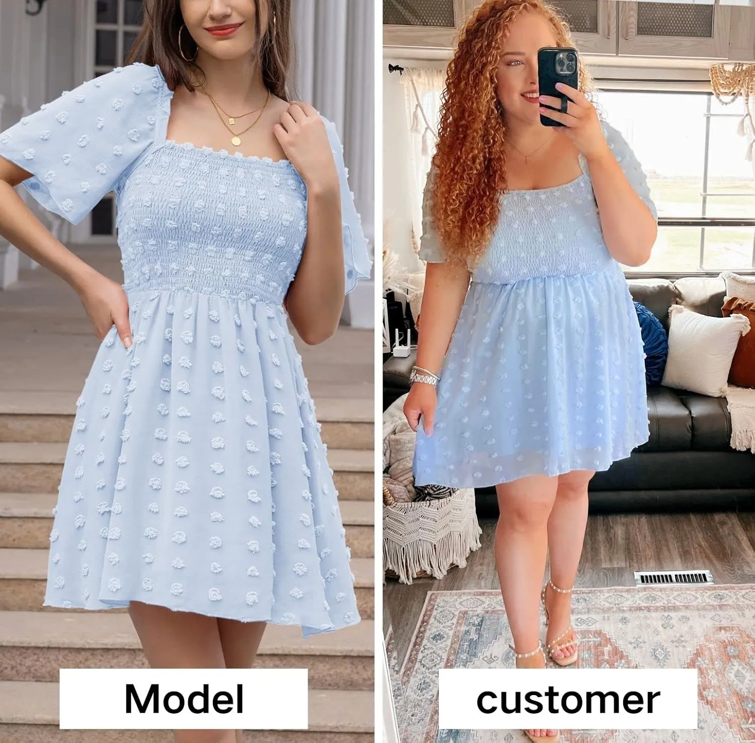 EXLURA Women's 2025 Summer Casual Square Neck Dresses Ruffle Short Sleeve Swiss Dot Flowy Mini Dress