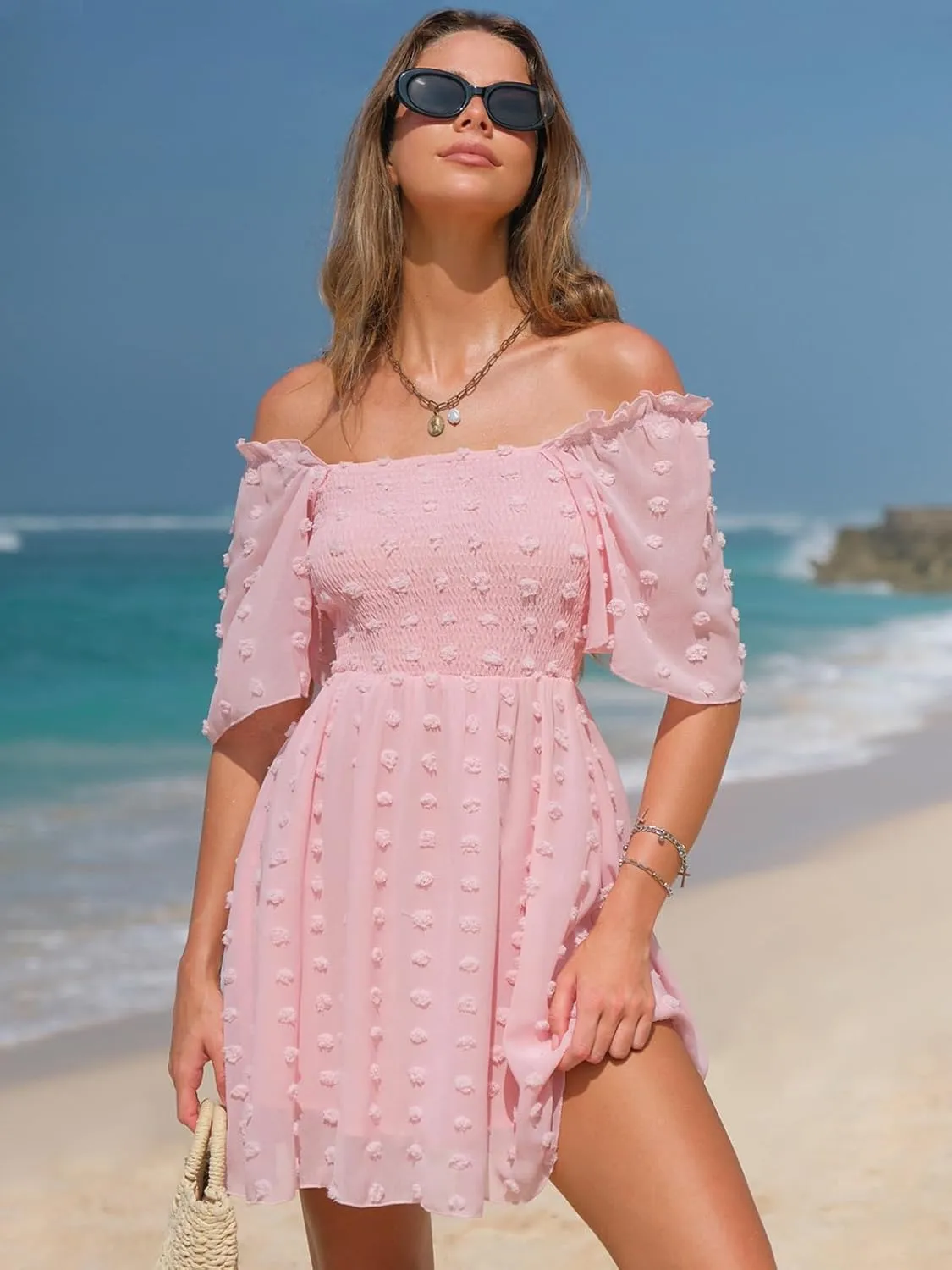 EXLURA Women's 2025 Summer Casual Square Neck Dresses Ruffle Short Sleeve Swiss Dot Flowy Mini Dress
