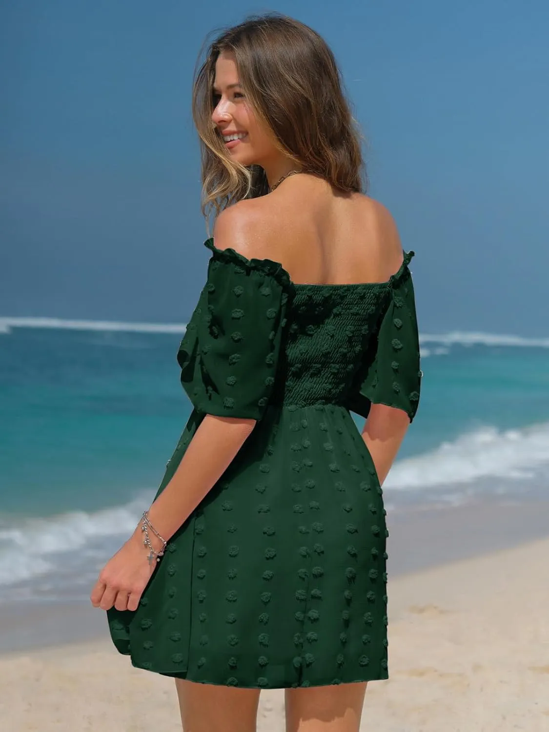 EXLURA Women's 2025 Summer Casual Square Neck Dresses Ruffle Short Sleeve Swiss Dot Flowy Mini Dress