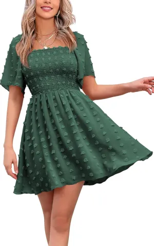 EXLURA Women's 2025 Summer Casual Square Neck Dresses Ruffle Short Sleeve Swiss Dot Flowy Mini Dress
