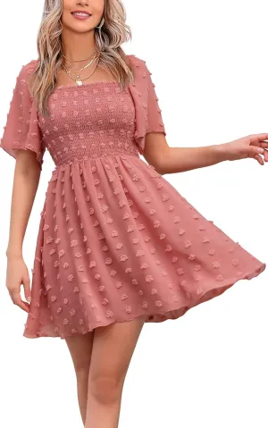 EXLURA Women's 2025 Summer Casual Square Neck Dresses Ruffle Short Sleeve Swiss Dot Flowy Mini Dress