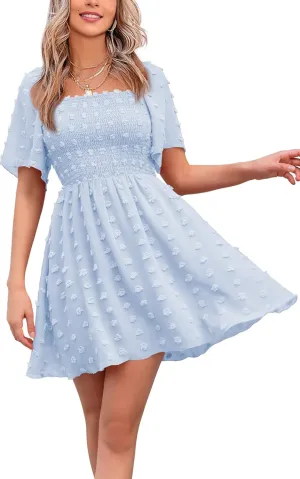 EXLURA Women's 2025 Summer Casual Square Neck Dresses Ruffle Short Sleeve Swiss Dot Flowy Mini Dress