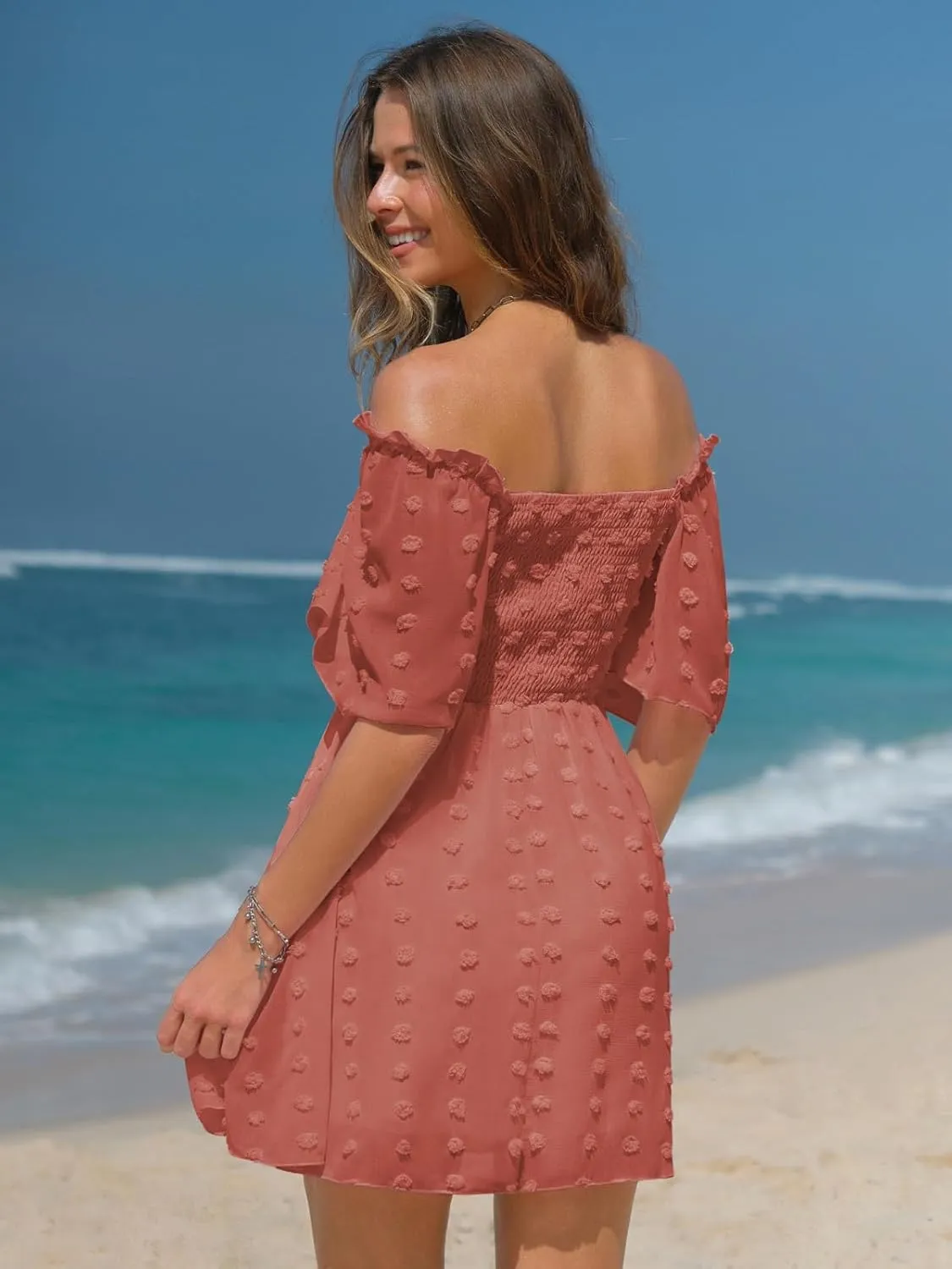 EXLURA Women's 2025 Summer Casual Square Neck Dresses Ruffle Short Sleeve Swiss Dot Flowy Mini Dress