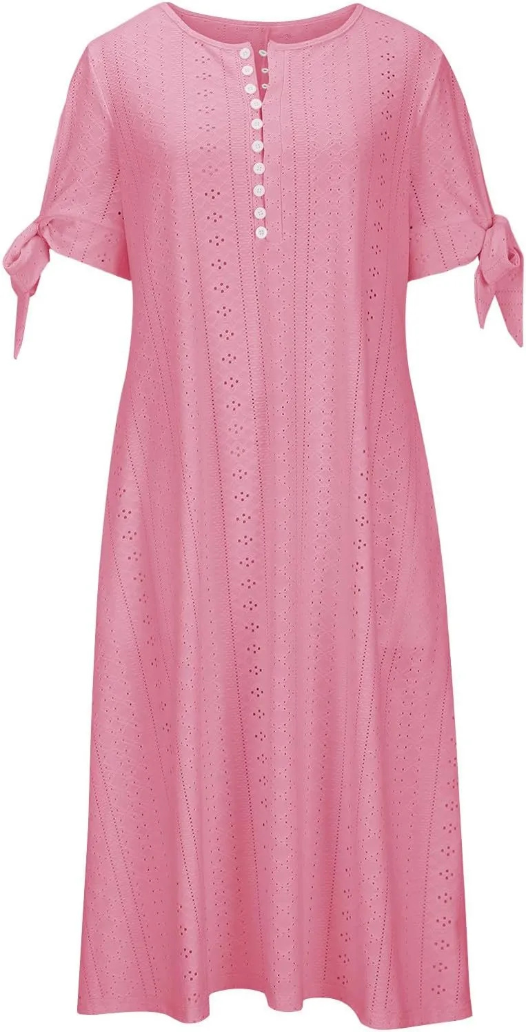 Eyelet Dress for Women Solid Color Button V Neck Short Sleeve Fashion Sundresses Casual Summer 2025 Beach Maxi Dress