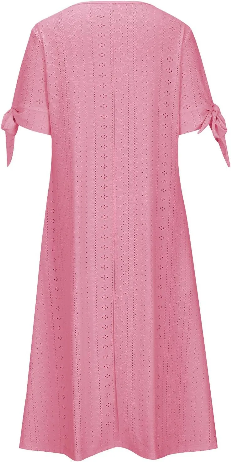 Eyelet Dress for Women Solid Color Button V Neck Short Sleeve Fashion Sundresses Casual Summer 2025 Beach Maxi Dress