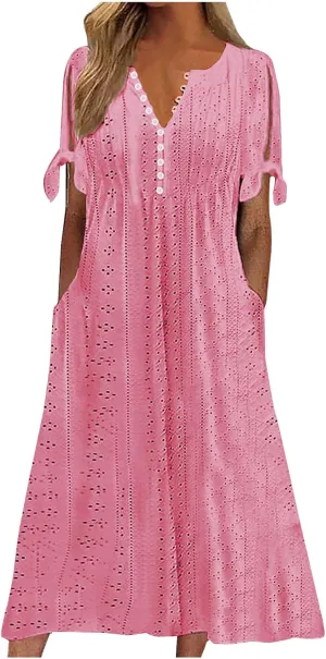 Eyelet Dress for Women Solid Color Button V Neck Short Sleeve Fashion Sundresses Casual Summer 2025 Beach Maxi Dress