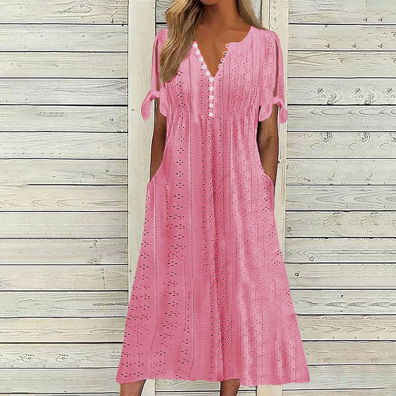Eyelet Dress for Women Solid Color Button V Neck Short Sleeve Fashion Sundresses Casual Summer 2025 Beach Maxi Dress