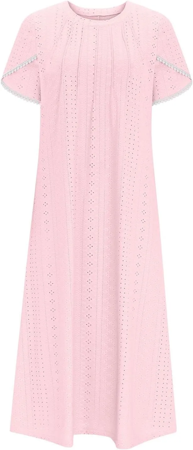 Eyelet Dress for Women Summer Vacation Crewneck Puff Short Sleeve Dress with Pocket Solid Casual Beach Midi Sundress