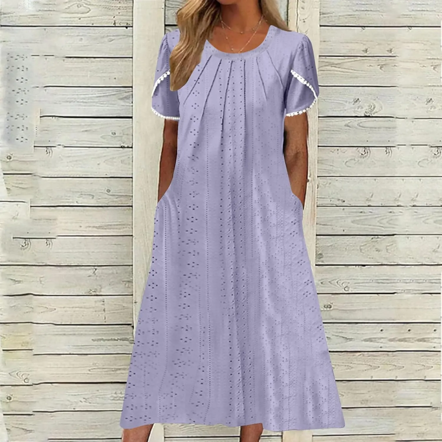 Eyelet Dress for Women Summer Vacation Crewneck Puff Short Sleeve Dress with Pocket Solid Casual Beach Midi Sundress