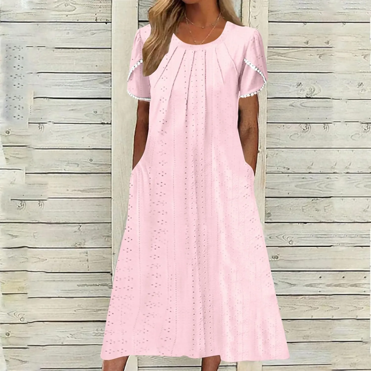 Eyelet Dress for Women Summer Vacation Crewneck Puff Short Sleeve Dress with Pocket Solid Casual Beach Midi Sundress