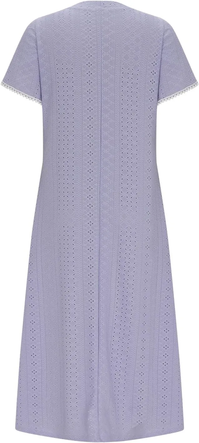 Eyelet Dress for Women Summer Vacation Crewneck Puff Short Sleeve Dress with Pocket Solid Casual Beach Midi Sundress