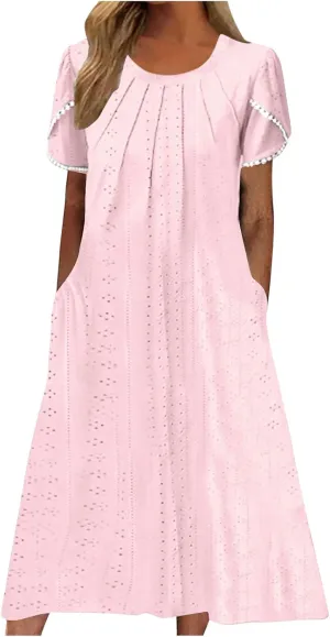 Eyelet Dress for Women Summer Vacation Crewneck Puff Short Sleeve Dress with Pocket Solid Casual Beach Midi Sundress