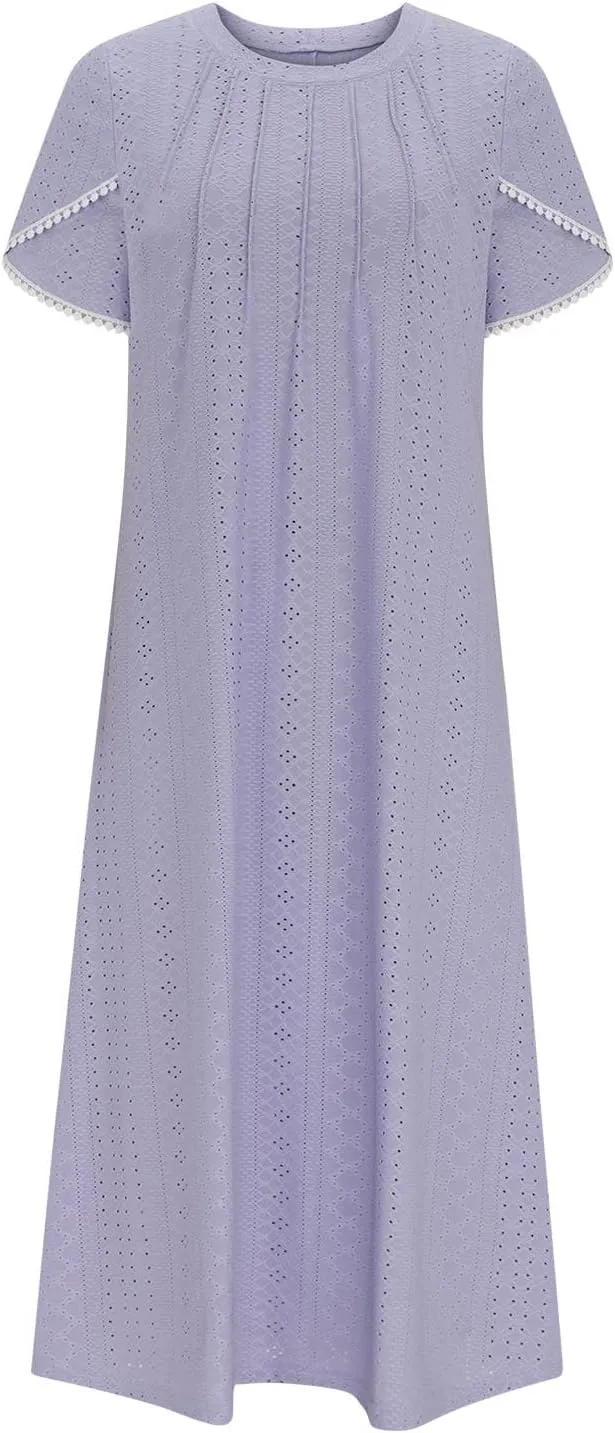 Eyelet Dress for Women Summer Vacation Crewneck Puff Short Sleeve Dress with Pocket Solid Casual Beach Midi Sundress