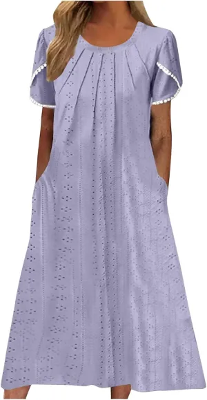 Eyelet Dress for Women Summer Vacation Crewneck Puff Short Sleeve Dress with Pocket Solid Casual Beach Midi Sundress