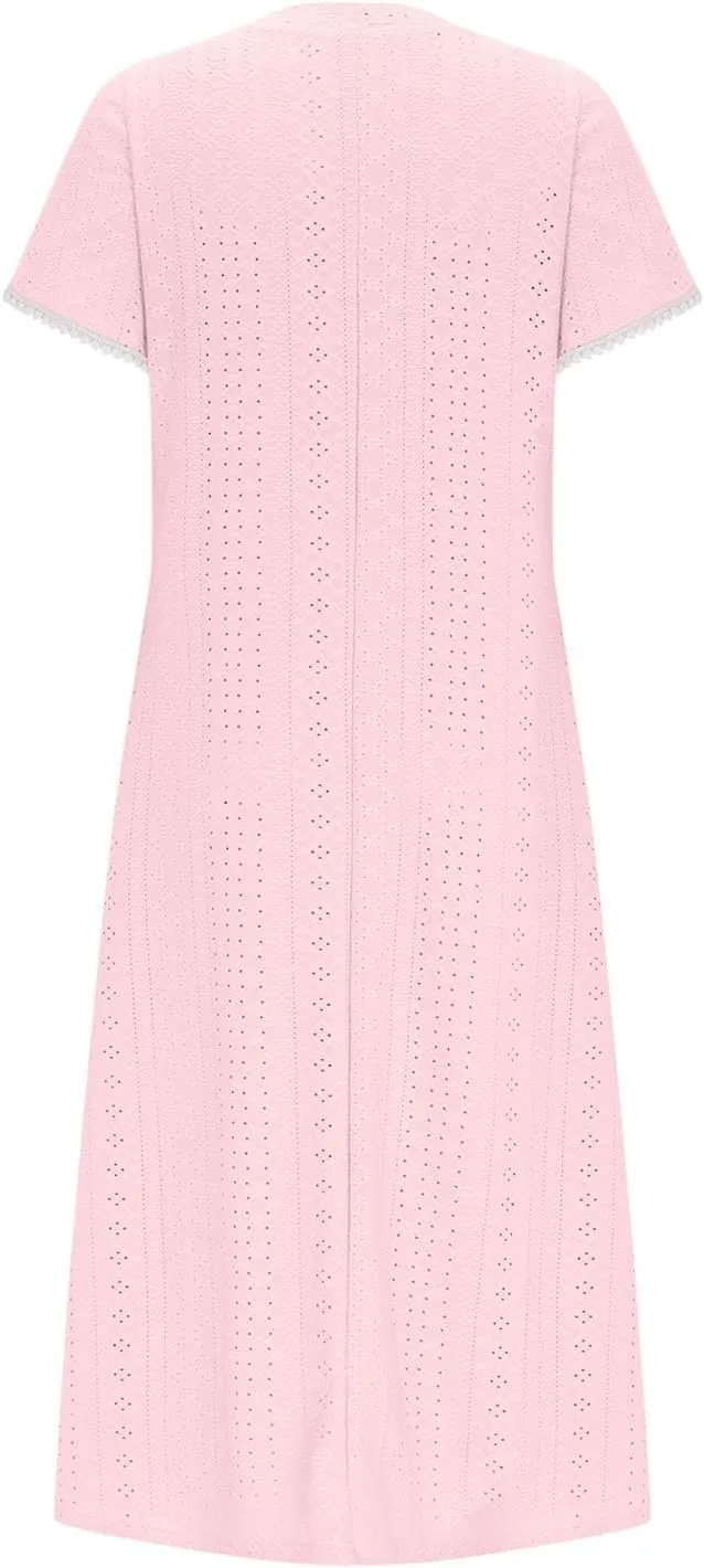 Eyelet Dress for Women Summer Vacation Crewneck Puff Short Sleeve Dress with Pocket Solid Casual Beach Midi Sundress