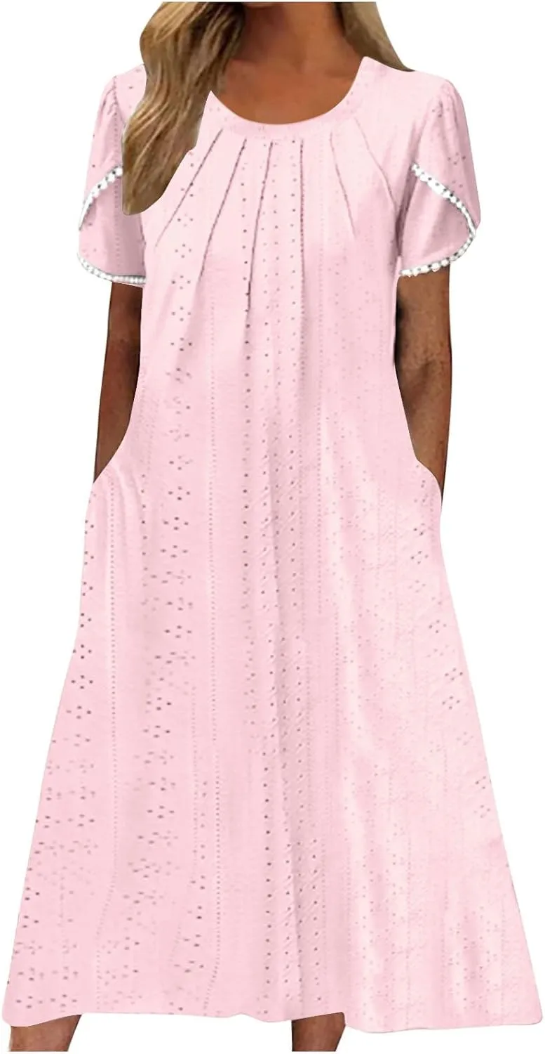 Eyelet Dress for Women Summer Vacation Crewneck Puff Short Sleeve Dress with Pocket Solid Casual Beach Midi Sundress