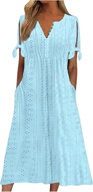 Eyelet Maxi Dresses for Women 2025 Casual Summer Cold Shoulder V Neck Flowy Long Dress Hollow Out Beach T Shirt Dress