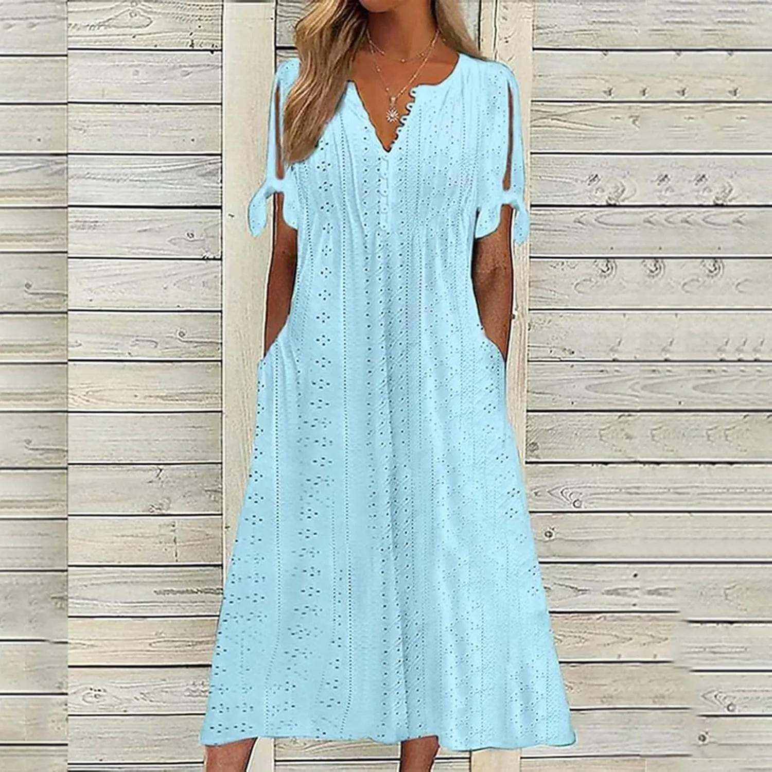 Eyelet Maxi Dresses for Women 2025 Casual Summer Cold Shoulder V Neck Flowy Long Dress Hollow Out Beach T Shirt Dress