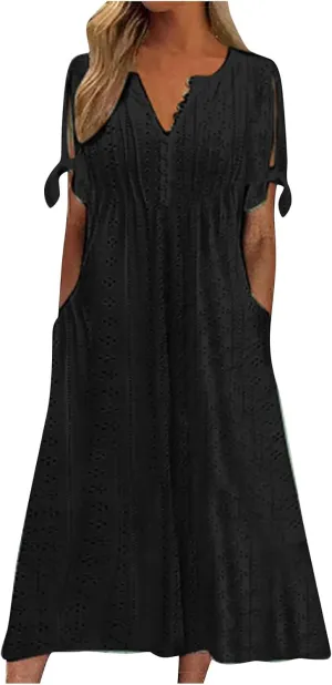 Eyelet Maxi Dresses for Women 2025 Casual Summer Cold Shoulder V Neck Flowy Long Dress Hollow Out Beach T Shirt Dress