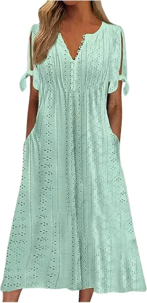 Eyelet Maxi Dresses for Women 2025 Casual Summer Cold Shoulder V Neck Flowy Long Dress Hollow Out Beach T Shirt Dress