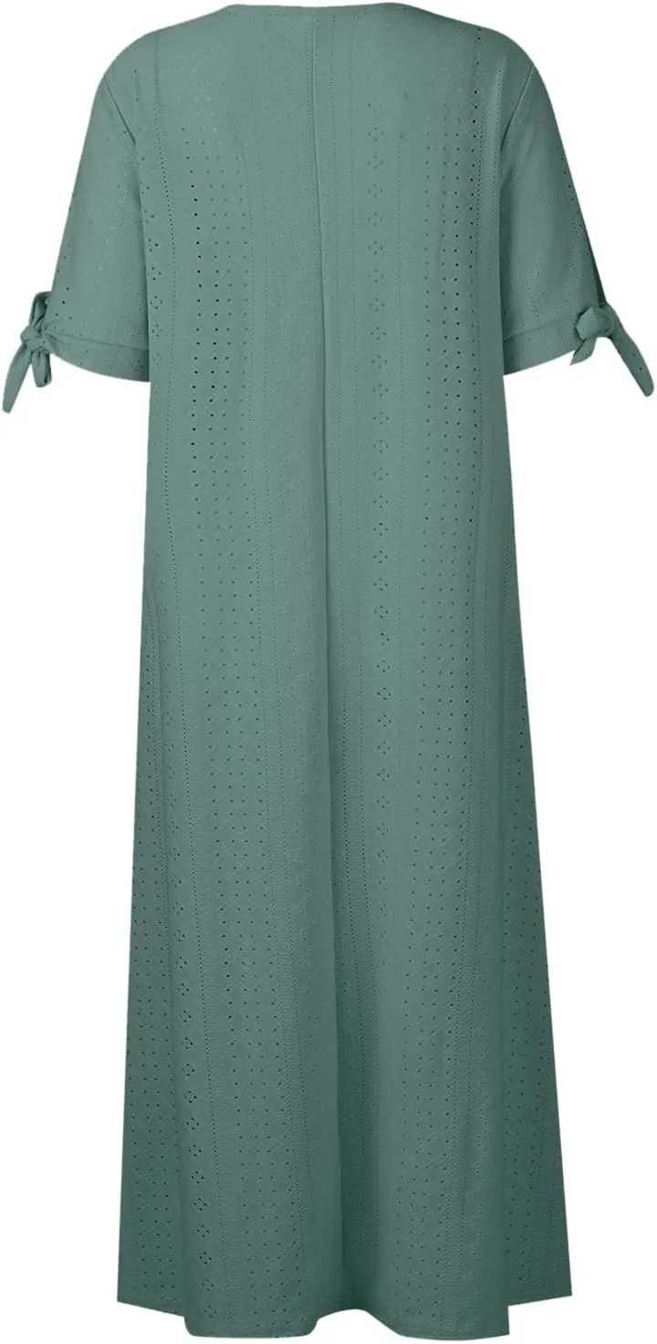 Eyelet Maxi Dresses for Women 2025 Casual Summer Cold Shoulder V Neck Flowy Long Dress Hollow Out Beach T Shirt Dress
