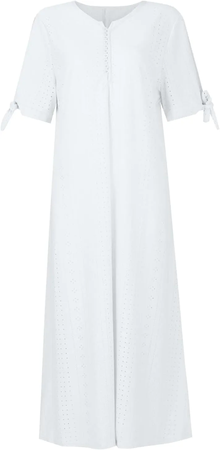 Eyelet Maxi Dresses for Women 2025 Casual Summer Cold Shoulder V Neck Flowy Long Dress Hollow Out Beach T Shirt Dress