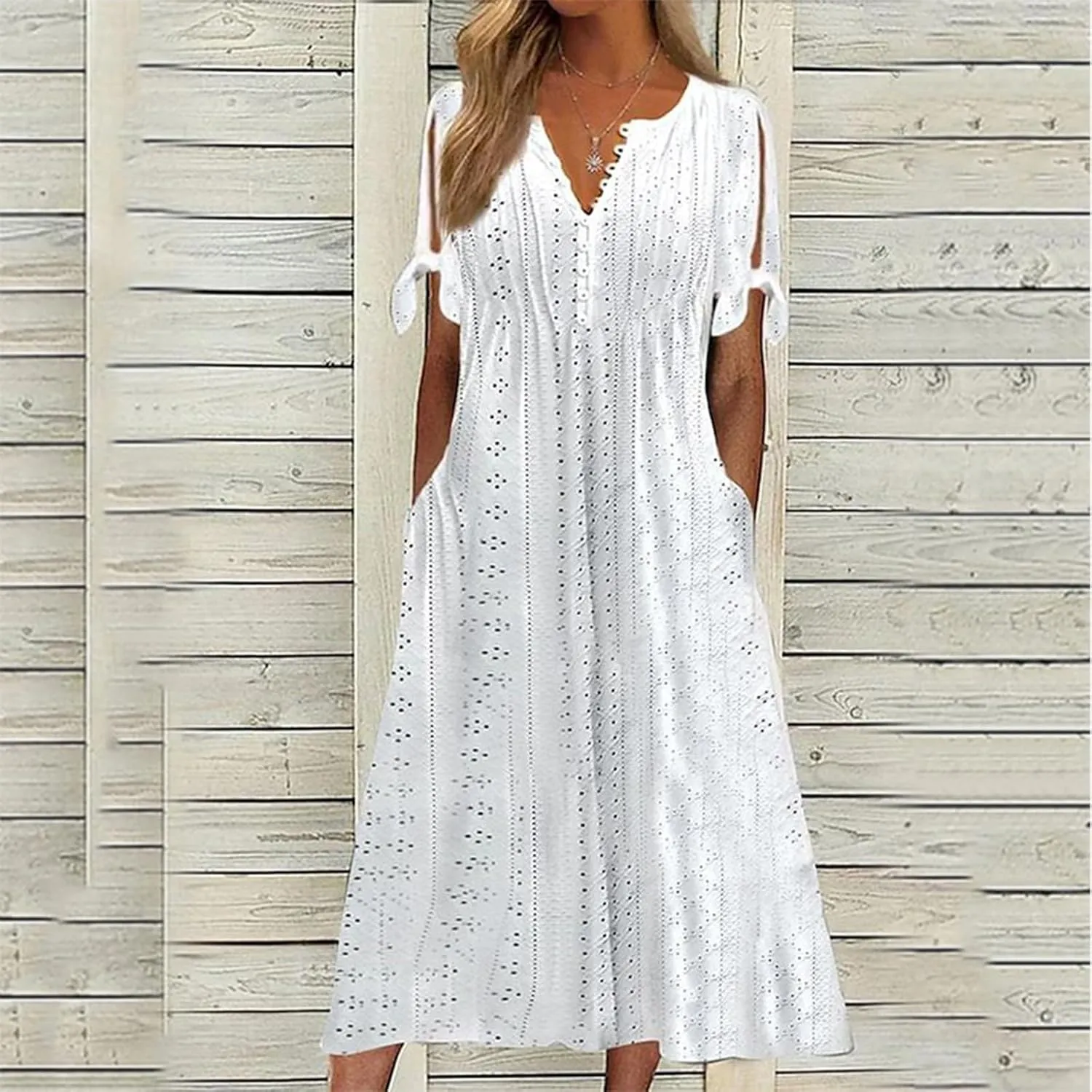 Eyelet Maxi Dresses for Women 2025 Casual Summer Cold Shoulder V Neck Flowy Long Dress Hollow Out Beach T Shirt Dress