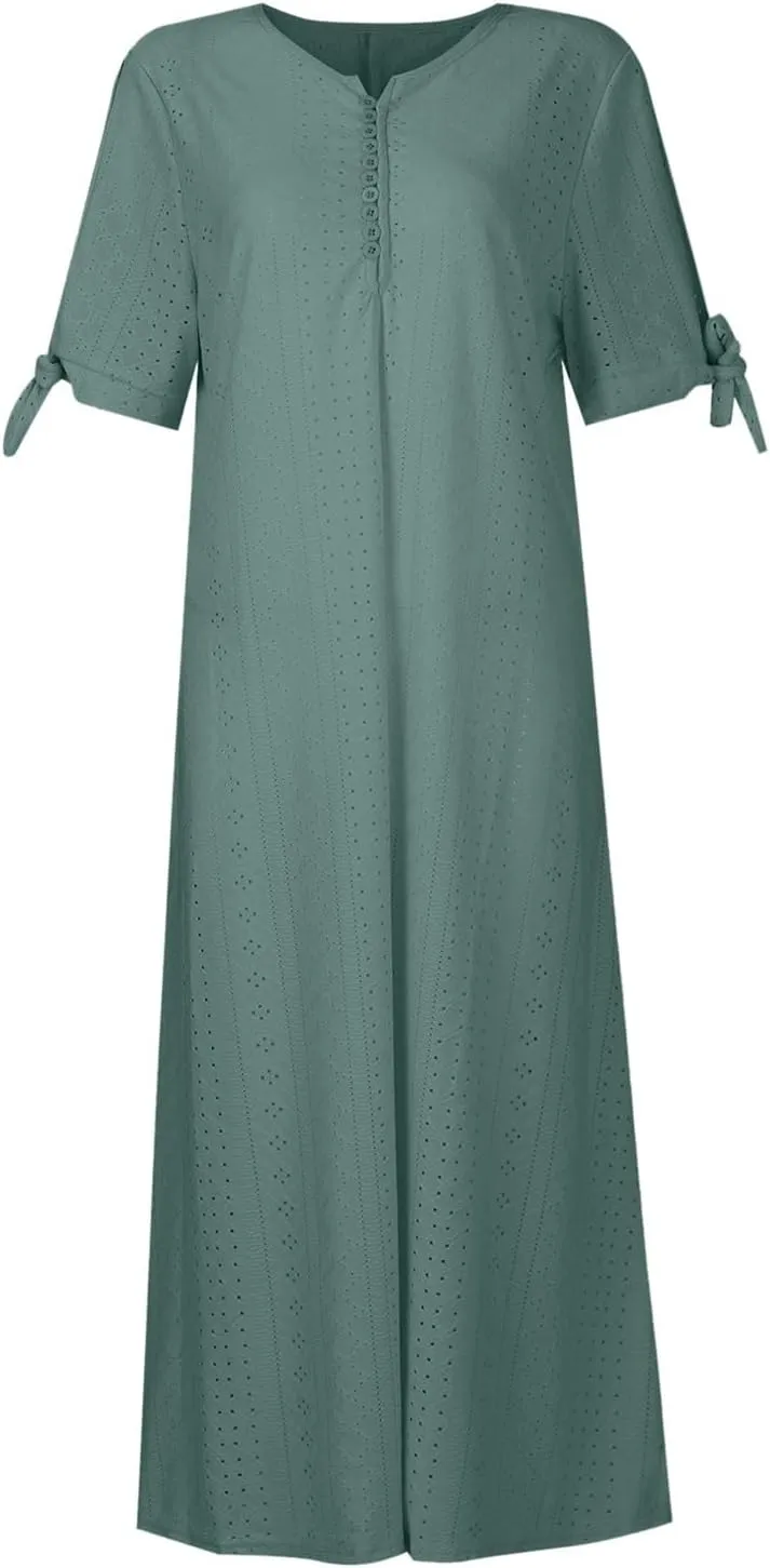 Eyelet Maxi Dresses for Women 2025 Casual Summer Cold Shoulder V Neck Flowy Long Dress Hollow Out Beach T Shirt Dress