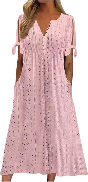 Eyelet Maxi Dresses for Women 2025 Casual Summer Cold Shoulder V Neck Flowy Long Dress Hollow Out Beach T Shirt Dress