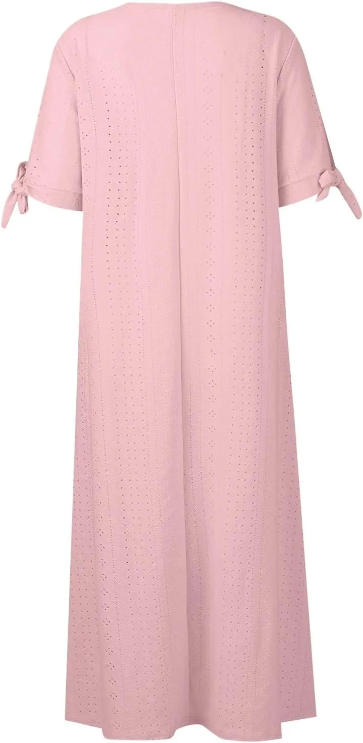 Eyelet Maxi Dresses for Women 2025 Casual Summer Cold Shoulder V Neck Flowy Long Dress Hollow Out Beach T Shirt Dress