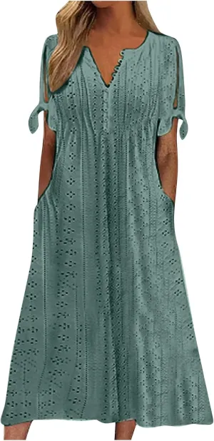Eyelet Maxi Dresses for Women 2025 Casual Summer Cold Shoulder V Neck Flowy Long Dress Hollow Out Beach T Shirt Dress