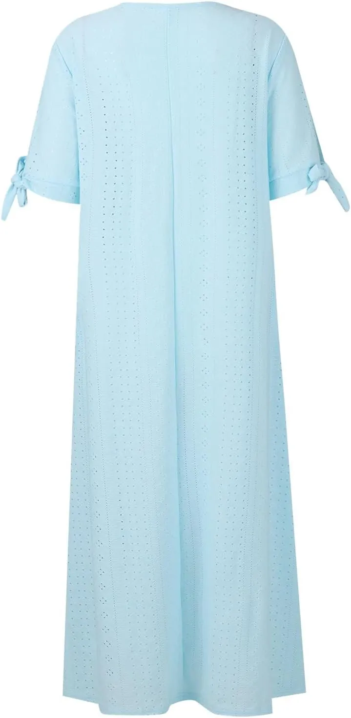 Eyelet Maxi Dresses for Women 2025 Casual Summer Cold Shoulder V Neck Flowy Long Dress Hollow Out Beach T Shirt Dress