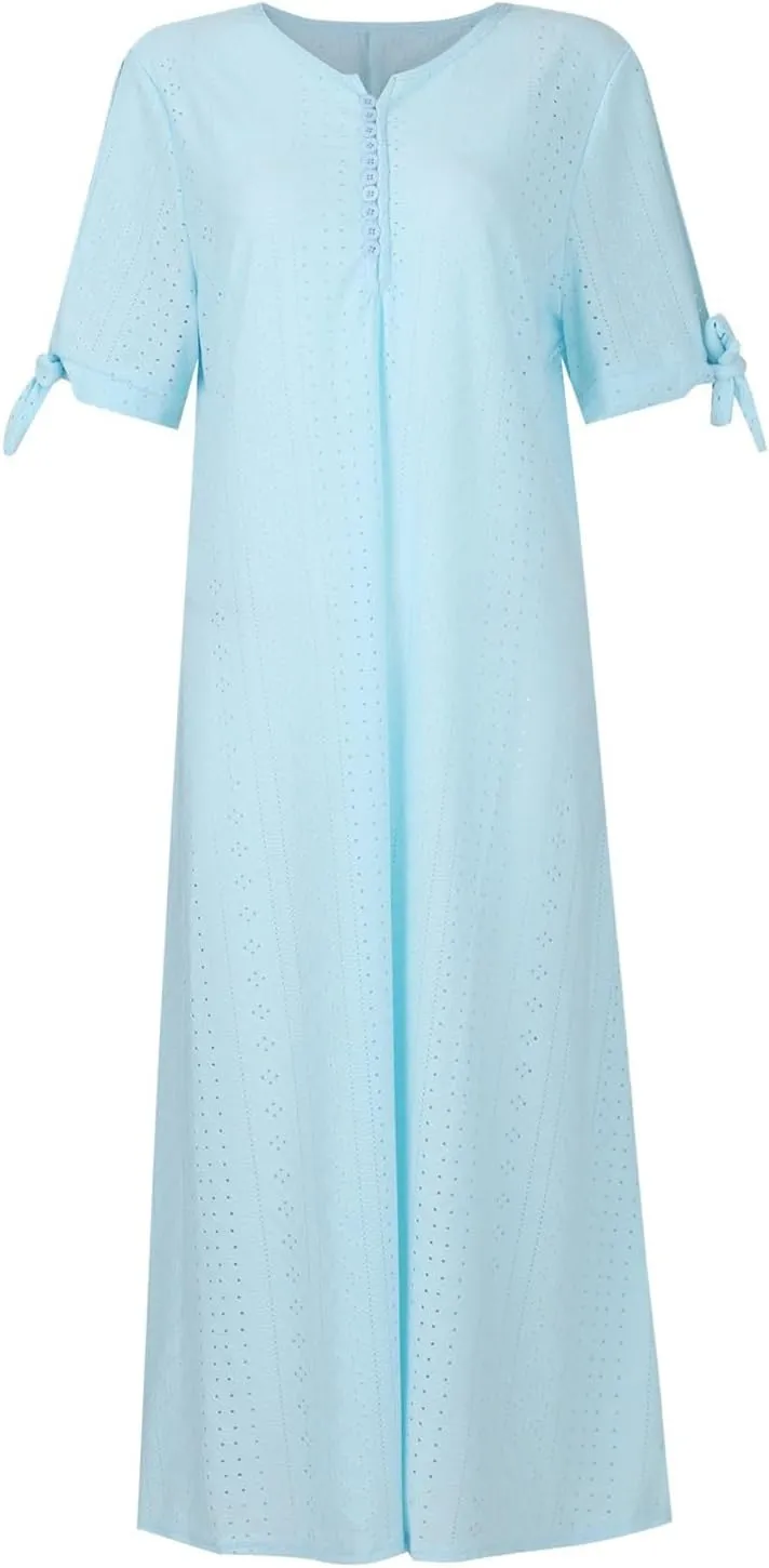 Eyelet Maxi Dresses for Women 2025 Casual Summer Cold Shoulder V Neck Flowy Long Dress Hollow Out Beach T Shirt Dress