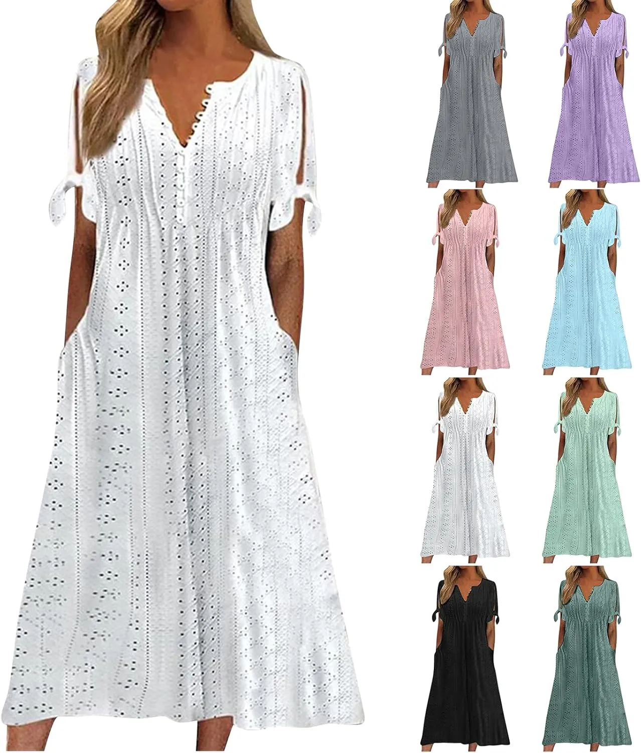 Eyelet Maxi Dresses for Women 2025 Casual Summer Cold Shoulder V Neck Flowy Long Dress Hollow Out Beach T Shirt Dress