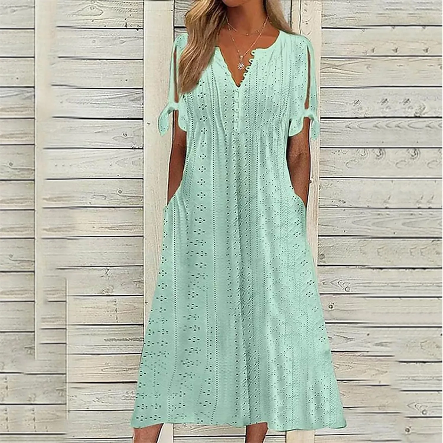 Eyelet Maxi Dresses for Women 2025 Casual Summer Cold Shoulder V Neck Flowy Long Dress Hollow Out Beach T Shirt Dress