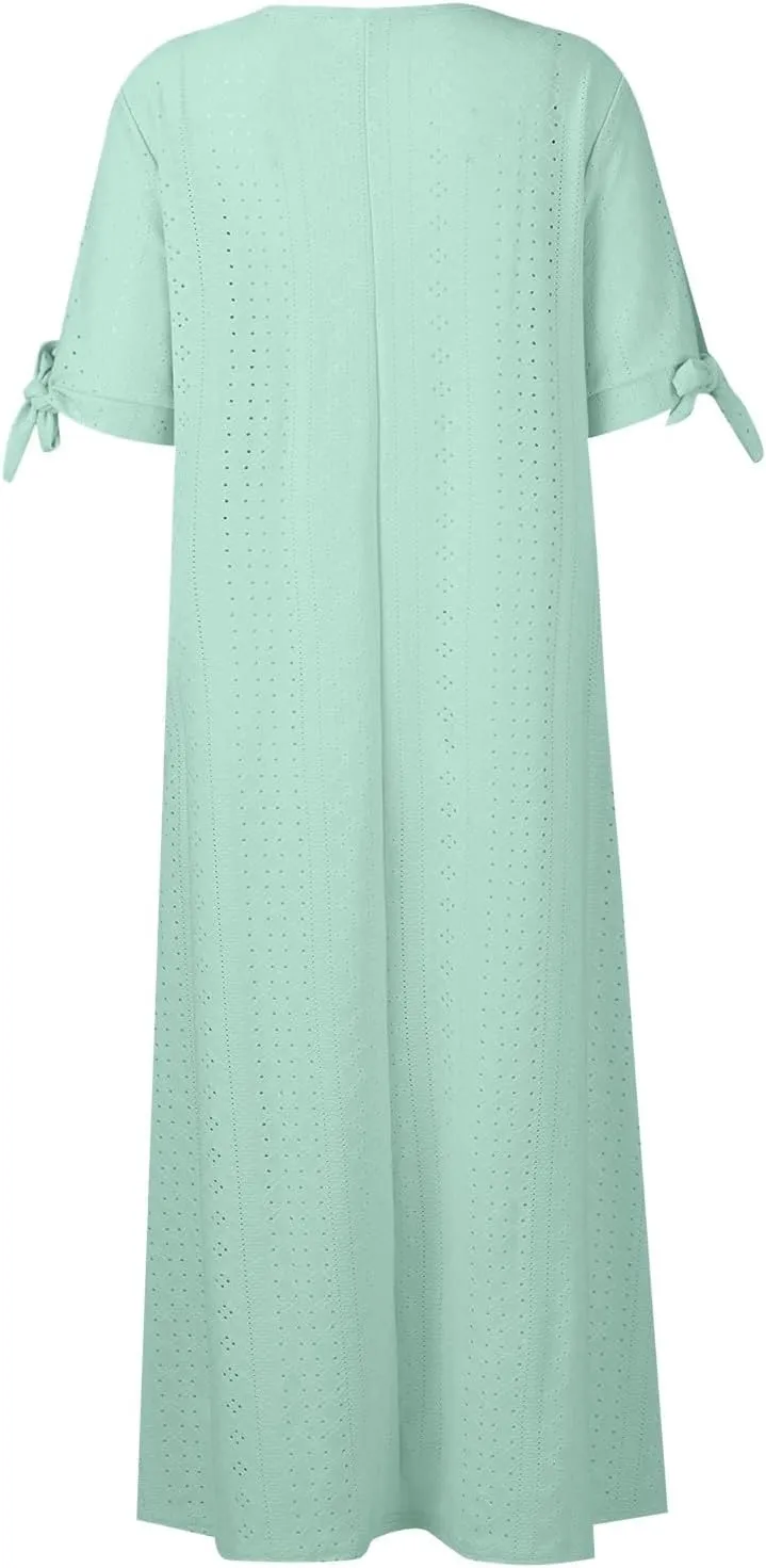 Eyelet Maxi Dresses for Women 2025 Casual Summer Cold Shoulder V Neck Flowy Long Dress Hollow Out Beach T Shirt Dress