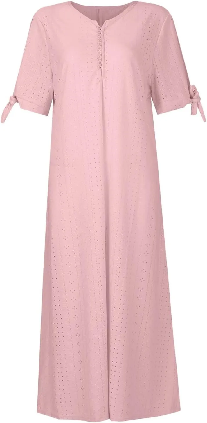 Eyelet Maxi Dresses for Women 2025 Casual Summer Cold Shoulder V Neck Flowy Long Dress Hollow Out Beach T Shirt Dress