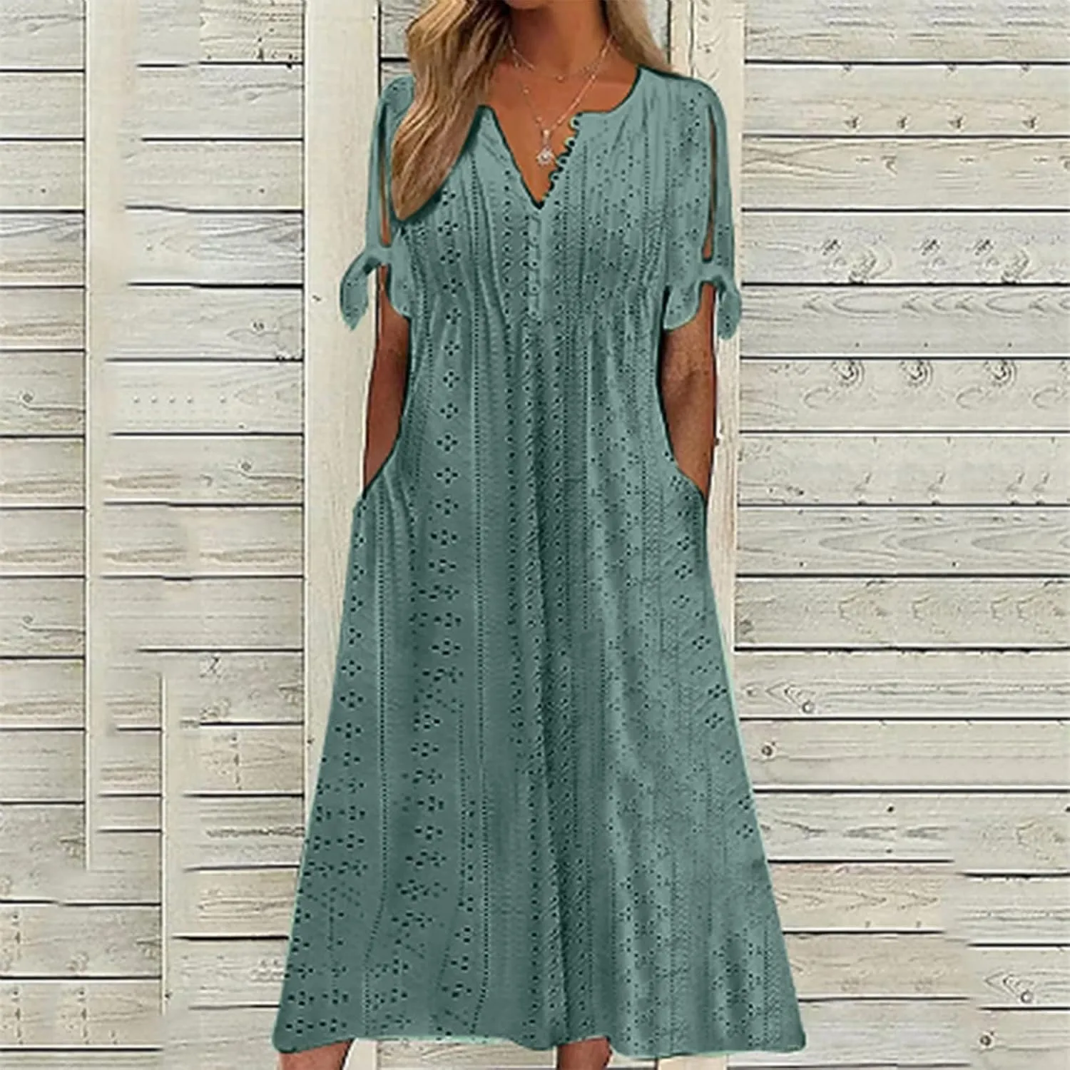 Eyelet Maxi Dresses for Women 2025 Casual Summer Cold Shoulder V Neck Flowy Long Dress Hollow Out Beach T Shirt Dress