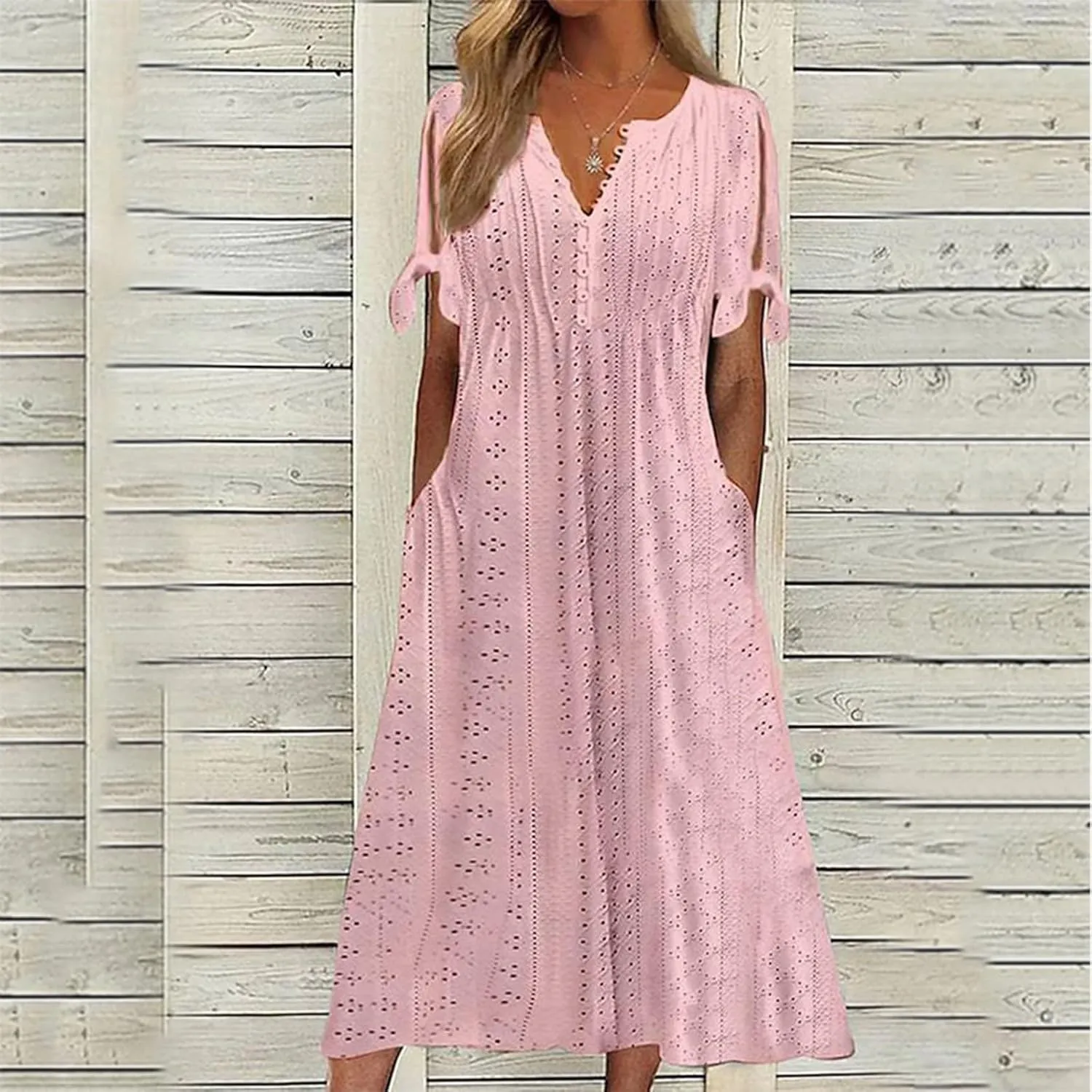 Eyelet Maxi Dresses for Women 2025 Casual Summer Cold Shoulder V Neck Flowy Long Dress Hollow Out Beach T Shirt Dress