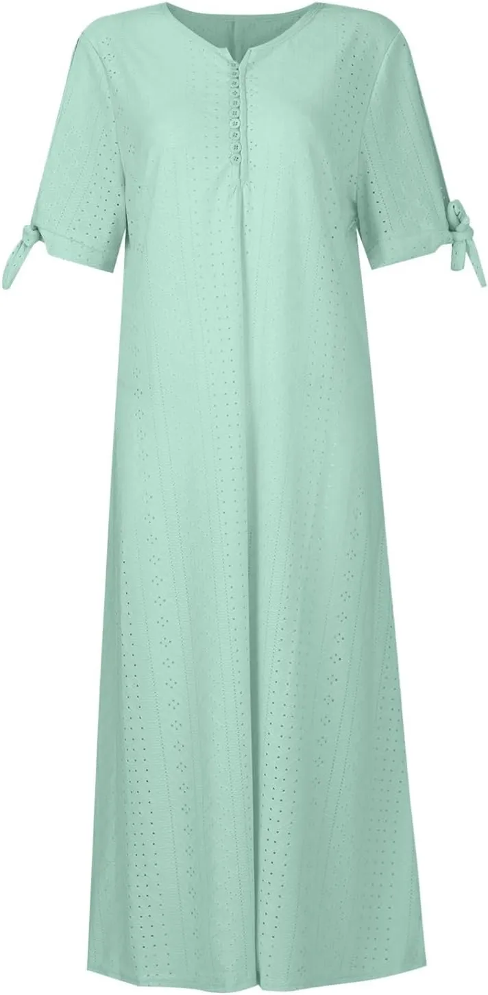 Eyelet Maxi Dresses for Women 2025 Casual Summer Cold Shoulder V Neck Flowy Long Dress Hollow Out Beach T Shirt Dress