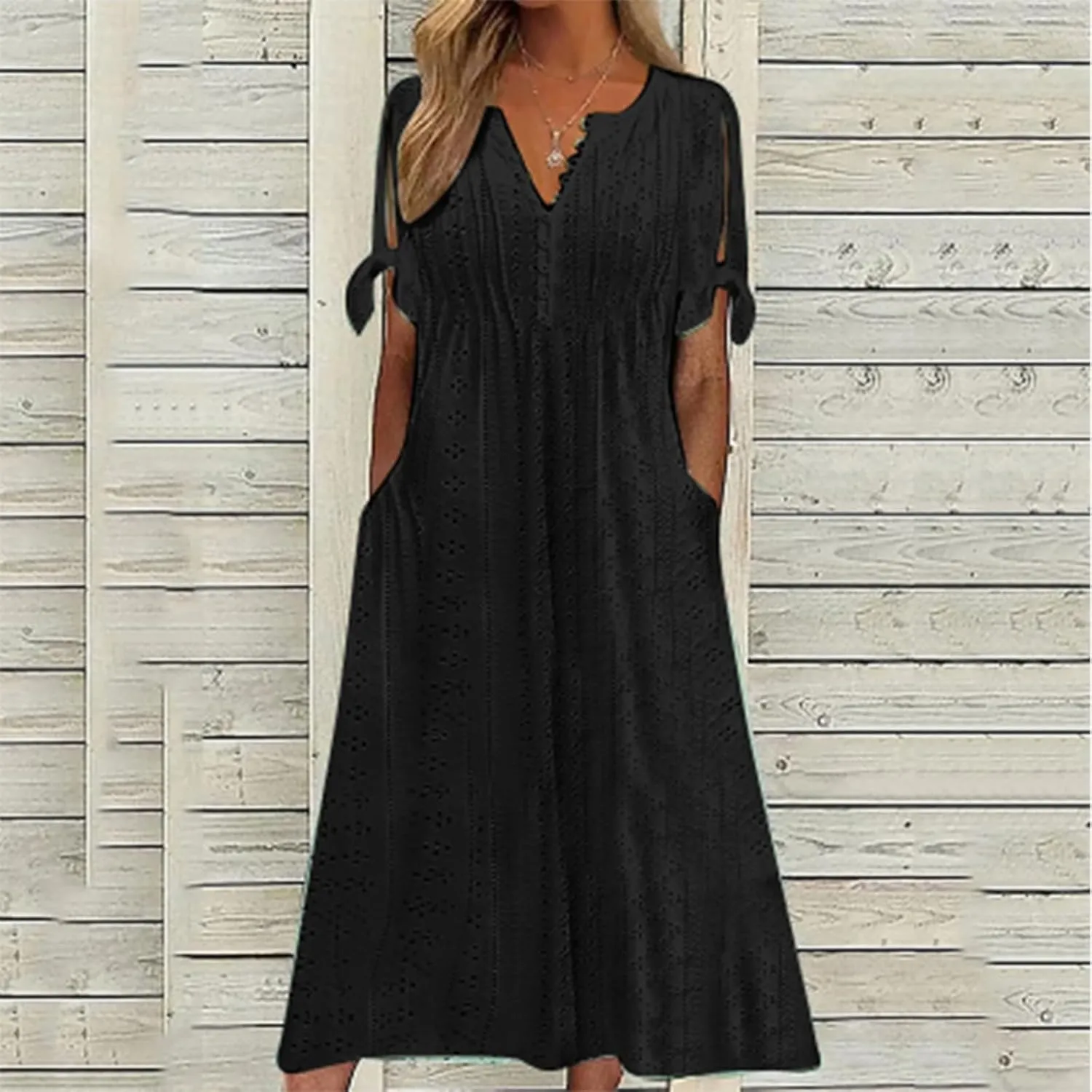 Eyelet Maxi Dresses for Women 2025 Casual Summer Cold Shoulder V Neck Flowy Long Dress Hollow Out Beach T Shirt Dress