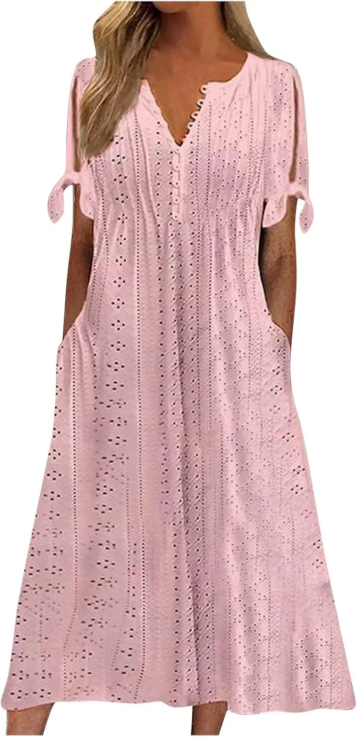 Eyelet Maxi Dresses for Women 2025 Casual Summer Cold Shoulder V Neck Flowy Long Dress Hollow Out Beach T Shirt Dress