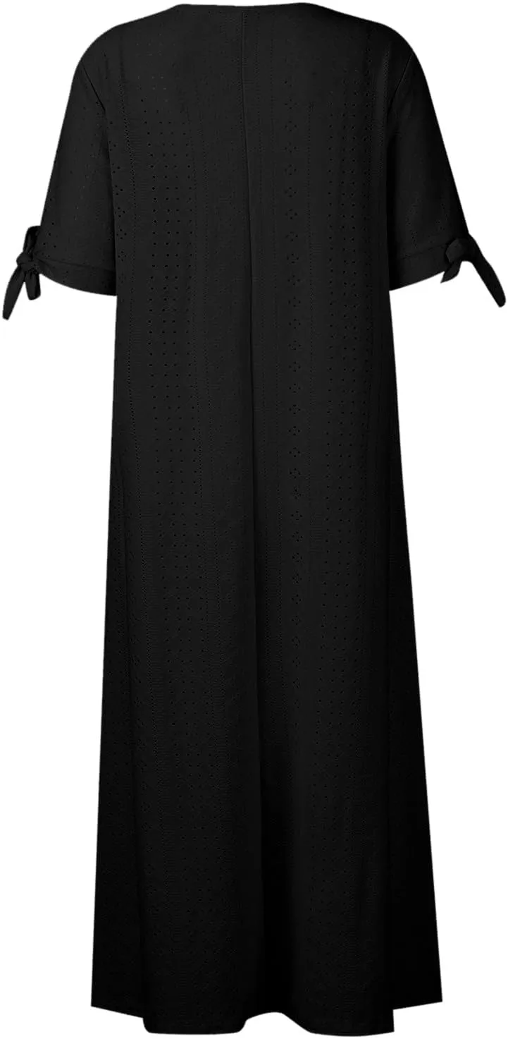 Eyelet Maxi Dresses for Women 2025 Casual Summer Cold Shoulder V Neck Flowy Long Dress Hollow Out Beach T Shirt Dress