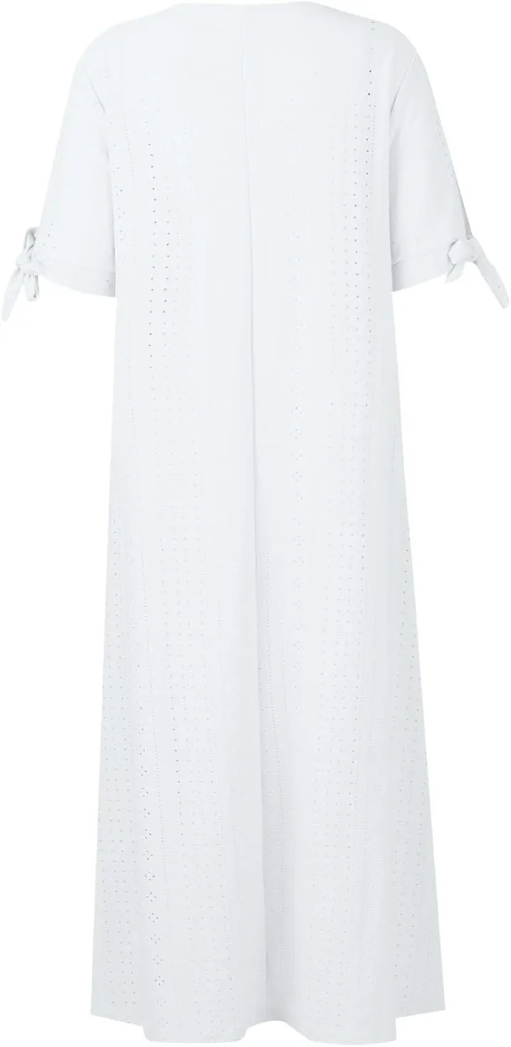 Eyelet Maxi Dresses for Women 2025 Casual Summer Cold Shoulder V Neck Flowy Long Dress Hollow Out Beach T Shirt Dress