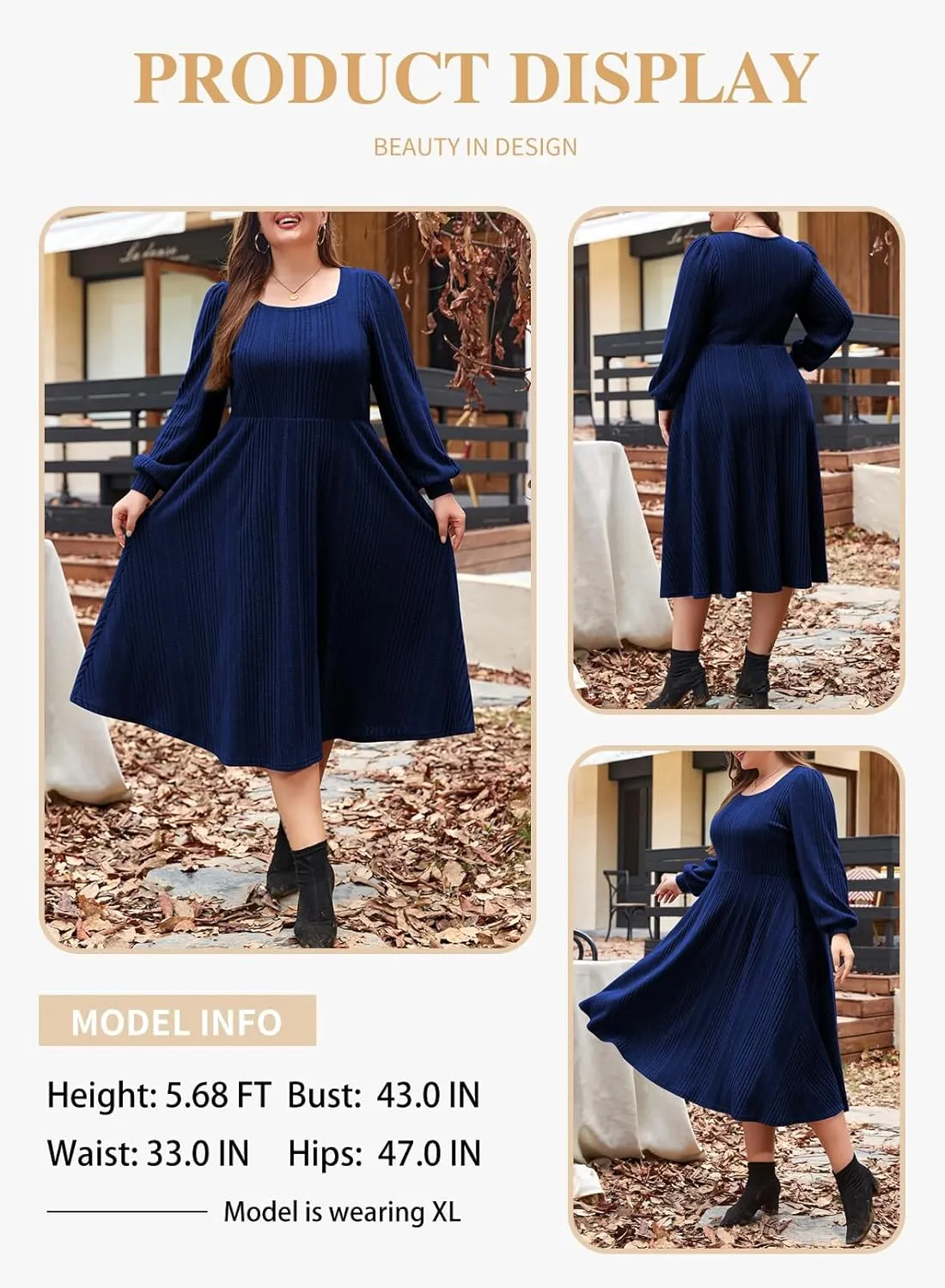 Eytino Womens Plus Size Dress Square Neck Long Sleeve Midi Sweater Dresses with Pockets(1X-5X)