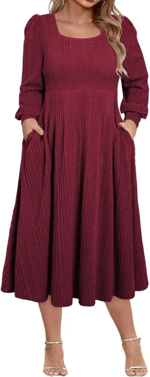 Eytino Womens Plus Size Dress Square Neck Long Sleeve Midi Sweater Dresses with Pockets(1X-5X)