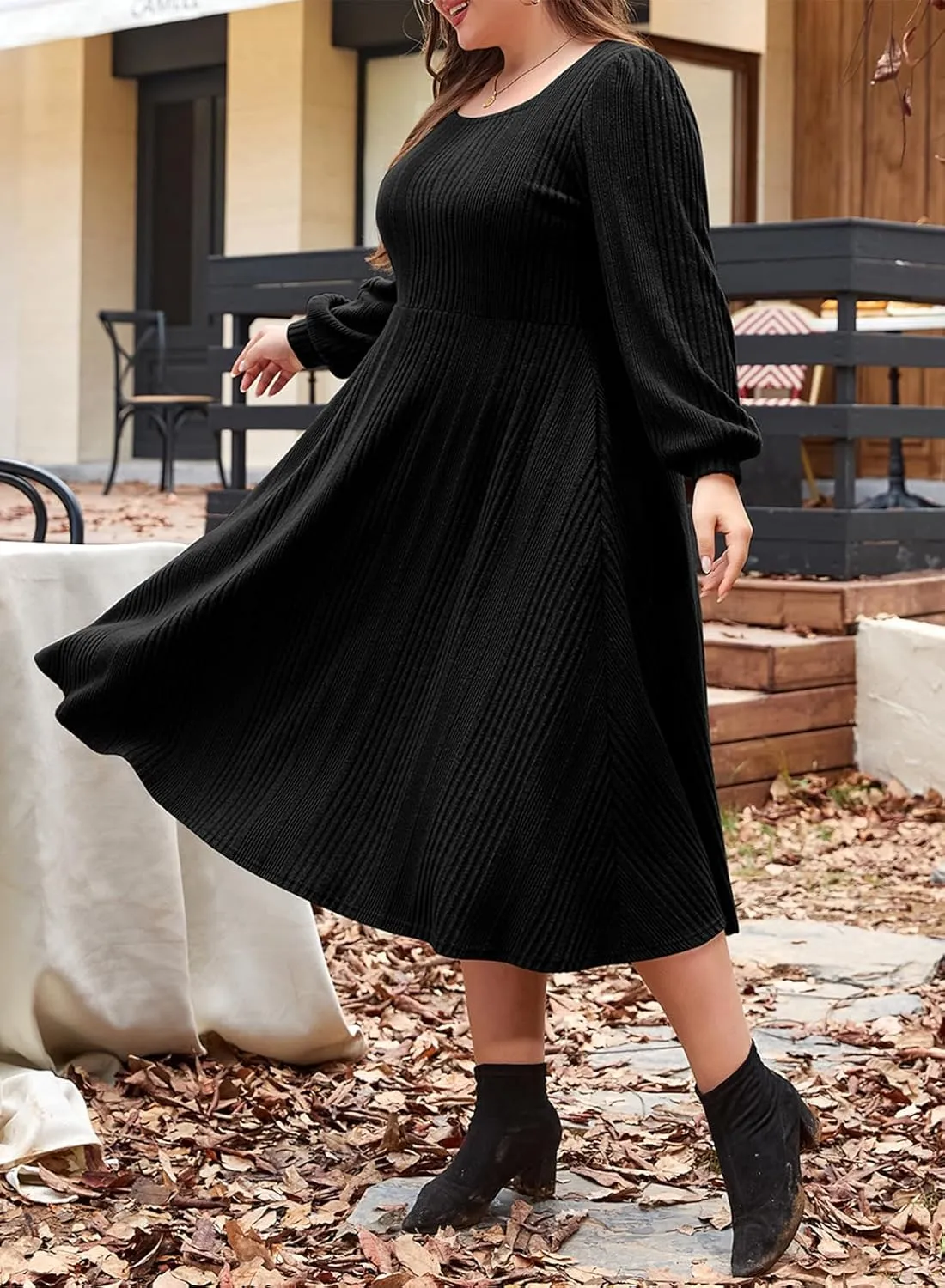 Eytino Womens Plus Size Dress Square Neck Long Sleeve Midi Sweater Dresses with Pockets(1X-5X)