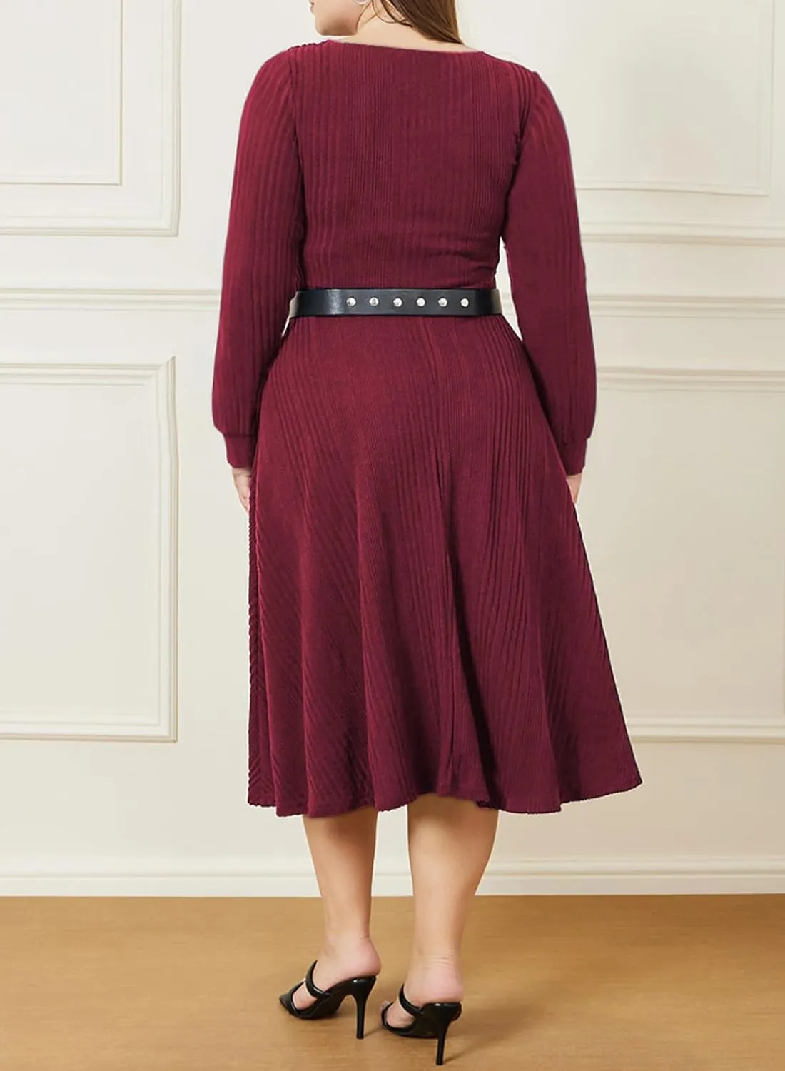 Eytino Womens Plus Size Dress Square Neck Long Sleeve Midi Sweater Dresses with Pockets(1X-5X)