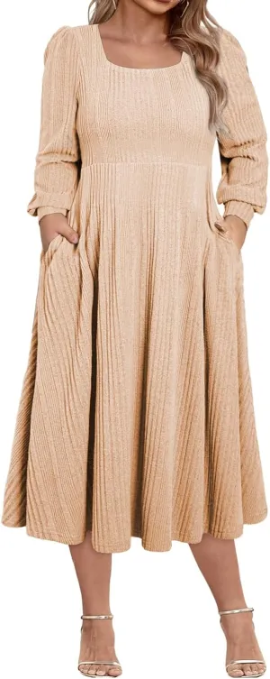 Eytino Womens Plus Size Dress Square Neck Long Sleeve Midi Sweater Dresses with Pockets(1X-5X)